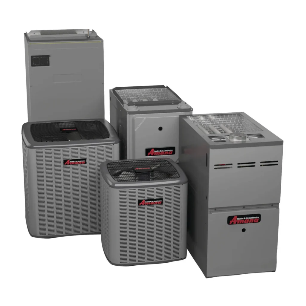 Amana Family HVAC units including air conditioners and furnaces grouped together.